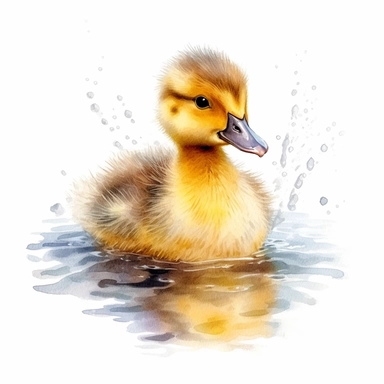realistic, high resolution, ultra details, Fluffy Duckling on water, watercolor clipart, completely white background