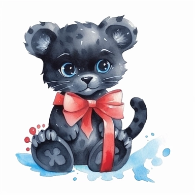 Cute cartoon black panther with bow clipart for childish cards and books, illustration style, on white background, 4k, detailed, hd, watercolor