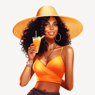 pretty black girl, Sun Straw Hat Wide Brim Summer Hat Foldable Roll up Floppy Beach Hats, pretty, holding a cocktail drink, orange outfit, 4k, hd, clipart