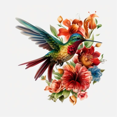 A visually stunning and highly realistic portrayal of a hummingbird, gracefully depicted in a vector format with flat design elements. The hummingbird's intricate features and iridescent plumage come to life in exquisite detail, capturing its elegance and charm. It is encircled by a vibrant ring of colorful flowers, each petal and stem rendered with precision and vibrant colors. Against a pristine white background, this clipart showcases the beauty of nature in a clean and versatile manner. With