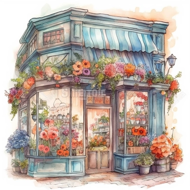 watercolor clipart of a whimsical flower store front, colored pencil drawing, beautiful illustration, good composition, vector, contour, isolated white background, rendered in 26k