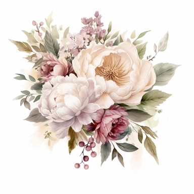 dusty pink and white flowers, peonies, austin roses, big blooms, with muted green whispy foliage with gold flicks, elegant and beautiful floral clipart for wedding invitations, delicate, watercolor, oil painting, defined edge on white background