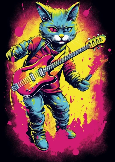 Tshirt features Design, clipart concept, An anthropomorphic humanoid, A Rainbow Pantone Kittens Male character with the ability to control and morph from energy IN Swoon graffiti artwork and graffiti design, Playing the GUITAR, WEARING A CLOTHES from Casual Uniform Style, Contour Drawing with Fine Line Artwork, Macro Detailed, Focused on the character, Clear visuals, Highest Resolution 3D Adobe Illustrator file Eps format, In the style of photo-realistic techniques, Rendering with unreal engine 