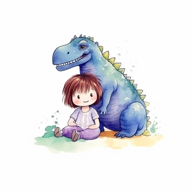 on isolate white background, simple design, illustration, flat colors, simple lines, graphic novel style, 2d painting, watercolor painting style, trending on art station, digital art, girl, childrens character design, dinosaur costume, happy mood, watercolor, pixar style cartoon, without line work, minimalist, clipart