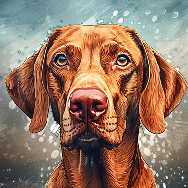 vizla dog clipart, in the style of detailed atmospheric portraits, sparkling water reflections, hyper - detailed illustrations, wandering eye, Fujifilm Eterna Vivid 500T, aqua and burnished - copper, intense close - ups