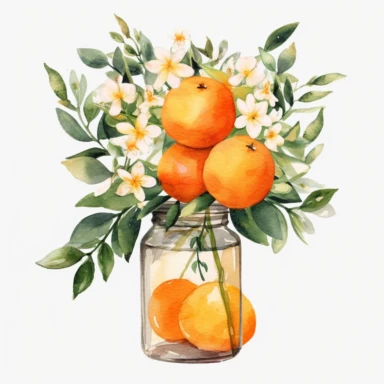 Create a watercolor oranges clipart with glass nd bouquets