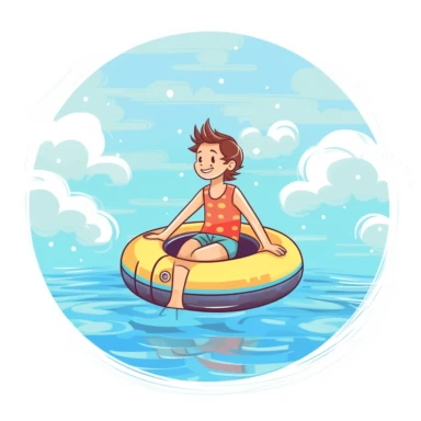 Create a clip art-style image of a kids with tube on water, simple image, cartoon image, pastel tone color, thick line, white background, PNG file--ar 1:1