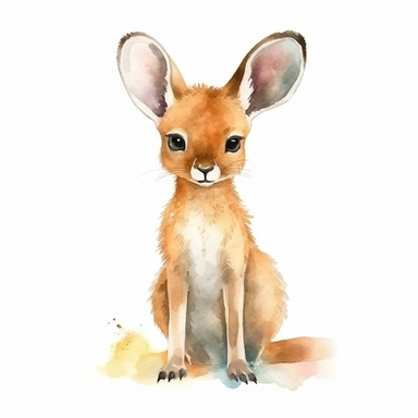 a vibrant baby kangaroo with kind eyes clipart with watercolor illustration,full body shot,8k,etsy style, white background