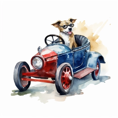 a dog driving a sports car, watercolour, clipart, white background