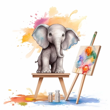 Create a watercolor illustration clipart of a playful cute Baby Elephant Drawing a picture on easel, with its full body visible. Use soft, flowing brushstrokes and a warm, inviting color palette to create an image that is both charming and whimsical. Incorporate intricate details like the motion of Baby Elephant Drawing a picture on easel to create a lifelike, realistic image. Can add other elements to the illustration like related item to play to create playful scene. Use white background to al