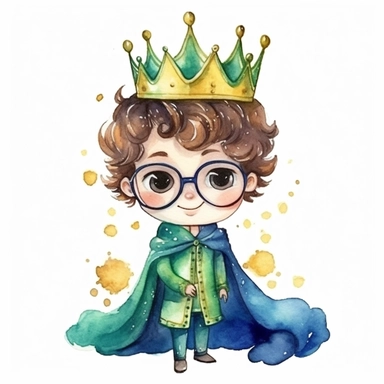 Clipart of a cute little king smilling. He is wearing a very beautiful suit and a cute blue cape. He is brunette and curly hair and with green eyes. He is wearing cute glasses. The crown is very boyish and made of gold. The background is watercolour and sparkly. 4K