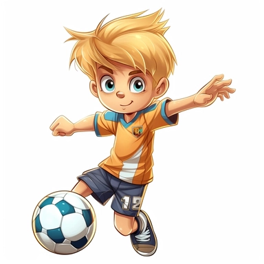 a 9 year old dark blonde boy as a soccer star, comic style clipart like paw patrol