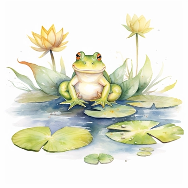 Watercolor Lily Pond Clipart - springtime cute lily pad and frog pond , white background, no text