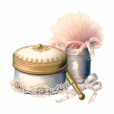 Victorian Compact Powder Puff: Illustrate a clipart showcasing a Victorian-style powder puff, adorned with lace or ribbon, resting on the dressing table, watercolor Clipart, watercolor Sublimation graphics, hand drawn illustration by james christensen style, Watercolor clipart, single design, single object, print on demand image, PNG transparent background, white background for removing background - - no text shadow font watermark, 8k
