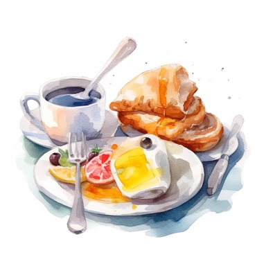 one breakfast time watercolor clip art on a white background, in the style of fine detailed, iconic, weathercore, broad palette knife marks, intense, no watermark, text, words, paintbrush, typography, the images do not stick together