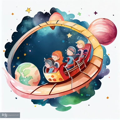 Children riding space roller coaster, watercolor Illustration clipart, 4K, extremely detailed