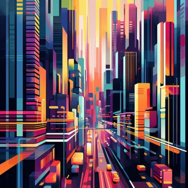 Imagine a vibrant cityscape transformed into abstract shapes and geometric patterns. Create a series of clipart elements inspired by the energy and architecture of this futuristic metropolis. Incorporate bold colors, sharp lines, and intersecting shapes to capture the essence of the city's urban vibe. Experiment with layering and transparency effects to add depth and dimension to your designs. Let your imagination run wild as you explore the intersection of abstract art and geometric precision i