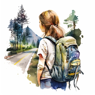 Beautiful travel themed design. Young girl with backpack looking at the landscape. Road illustration. Camping concept clipart. on a white background, watercolor, hyperrealism, high detail, separate elements, set
