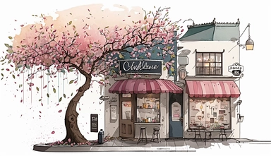 Very very cute and Whimsical quirky Jazzy coffee shop, building corner, cherry tree blossom, Raining colorful, Watercolored illustration in the style of Michael Powell, clipart, city vibe background - q2