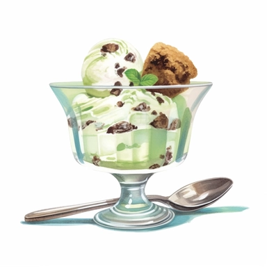 watercolor painting of an mint chocolate-chip ice cream flavor in a glass wide bowl, style of ice cream sundea, full of craker, in the style of multilayered realism, tall glass, traditional oil paiting, clipart, white background