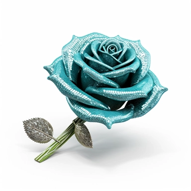 clipart of a realistic rendering of an torquise rose made out of pure diamond and emerald on a white background, in the style of extremely detailed, mineral, expensive, 8k