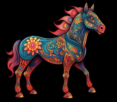 6 tattoo art style adorable unicorn, black defined outlines, high details, clipart, hd, isolated on black background, spaced out, vibrant rainbow colors
