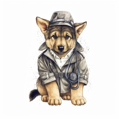 Adorable cute fantasy german shepherd dog dressed like a detective, nursery art, clipart image, lineart image, white background, very detailed, 8k