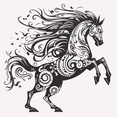 entire body dancing fire horse dragon. grinning. screaming. 4 legs. thrashing tail. profile view. black only, flat image, no shadows, no depth. black and white only. tribal animal clipart, laser cut design, white background, black cutout design