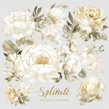 Create an exquisite collection of ultra-detailed white and gold floral clipart, showcasing the elegance of watercolor techniques. The clipart should capture the delicate beauty of white flowers with hints of gold accents, adding a touch of opulence and sophistication. Incorporate a variety of floral elements such as roses, peonies, and lilies, each meticulously painted to showcase intricate details and lifelike textures. Design the clipart with a focus on wedding themes, ensuring that it can be 