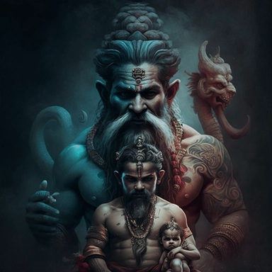 create clipart of GANESHA and Cai Shenin and Hades in fantasy world with hyper realistic photography