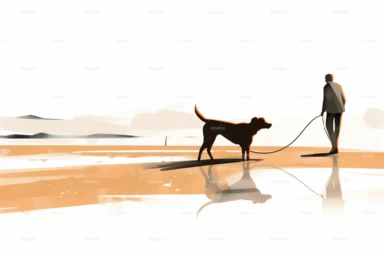 A dog on a leash walking along a beach or shoreline clipart, hd, on white background, spaced out