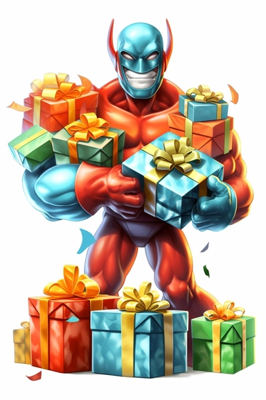 Create a clipart image of a superhero character receiving birthday presents. Depict the superhero character surrounded by beautifully wrapped gifts of different sizes and shapes. Include a joyful expression and a white background.