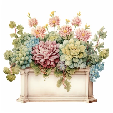 very beautiful Box Flower Planter, white background, clipart with pastel color, detailed and lovely Renaissance painting