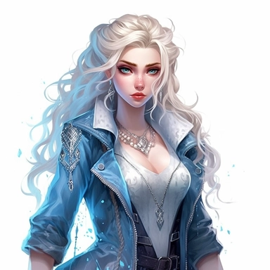 Disney princess Elsa, long white blonde rocker hairstyle, pale blue leather jacket over a ripped blue ballgown, snowflake necklace, skulls, gothic style, rock style, clipart, white background, by Kawacy