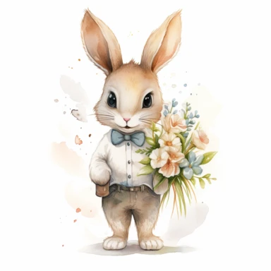 cute rabbit, standing, holding wedding bouqet, white lilies, watercolour, white background, clipart