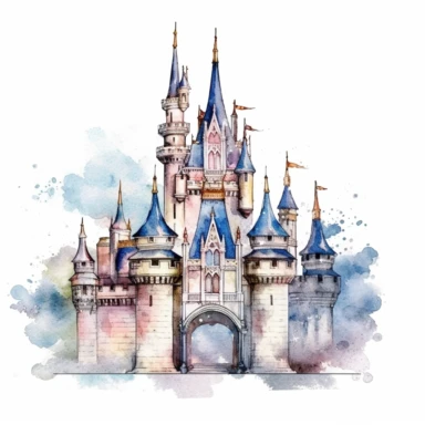 one castle Watercolor clipart on a white background, in the style of realistic and hyper-detailed rendering, muralist, distressed material, uhd image, ps1 graphics, detailed character design, large scale murals, no watermark, text, 300 DPI , typography, shapes do not stick together, no text in the picture, on a white background