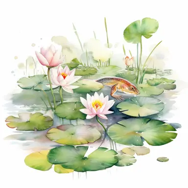 Watercolor Lily Pond Clipart, lily pad and frog pond, CLIPART, fish and birds