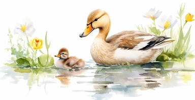 Adorable mother and baby duck, lake, countryside, pastel colours, ornamental watercolor clipart, white background, I can’t believe how beautiful this is