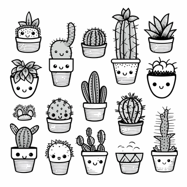 cute cactuses clipart, 2D , outline, black and white, coloring book for adults, no color, for kid, simple classic cartoon