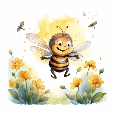 children book illustration. cartoon bee flying happy in a garden. Watercolor clipart. Pixar animation