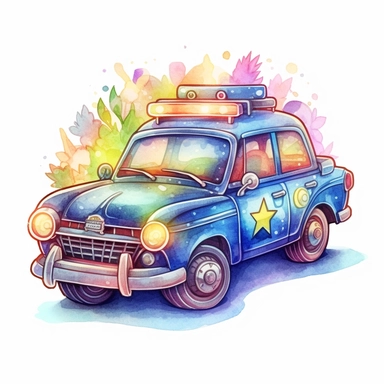 police car on duty, childhood, clipart, Pixar, watercolor, cartoon sticker.