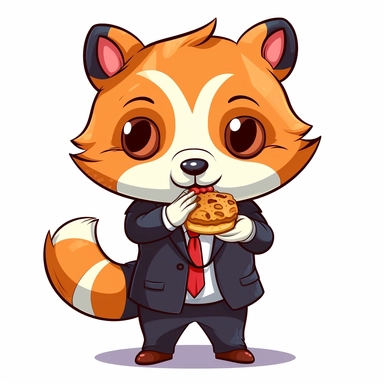 IMAGE_TYPE: Vector clipart illustration | GENRE: Cute | EMOTION: Adorable | SCENE: An incredibly cute, red Panda wearing a suit holding a bagel, with big sparkling eyes, depicted in an anime-style vector illustration. The illustration showcases the charming features of the animal, including its expressive face, and awesome details. The Animal is placed on a clean and crisp white background, allowing the viewer to focus solely on its irresistible cuteness. | ACTORS: Red Panda | LOCATION TYPE: Whi