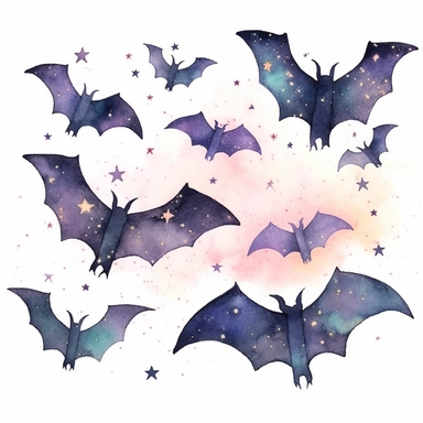 watercolor clipart of a flying black bats silhouettes, magical and enchanted, cute, sparkles, witchy vibes, isolated on white background