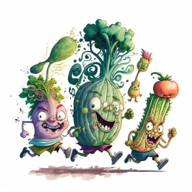 zany whimsical eccentric oddball vegetable characters running a marathon, cartoon style, hand drawn watercolor, clipart, intricate details