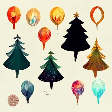lots of clipart illustrations for christmas celebration,cute,8k, colourful, tiny drawings, pine trees, balloons,sparklers, fireworks, snow, stars, christmas cap