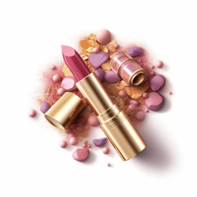 pink gold lipstick, nail polish, eye shadow, blush makeup, clipart style, to separated the products, procreate illustration, on white background, hyper-detailed, high resolution, illustration, 3D