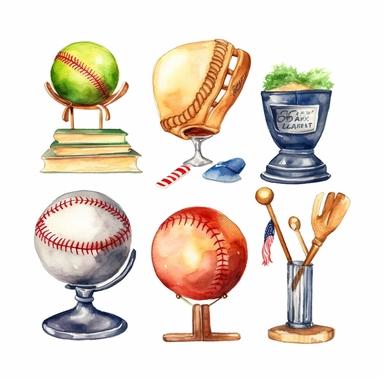 Watercolor cute little baseball trophy related items , illustrations clipart set, simple, christmas colors , cartoon elements ,different variants , championship cupseparate elements with a margin, 4k, high resolution