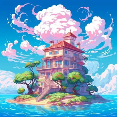 /v5_upscale, bright day, Master Roshi, island in the blue sea house with pam clipart, high detail, spaced outultra scale, detailed, extremely bright, charming, stunning, extremely detailed, miracle, amazing, mercury clouds illumination, bright background, vitamins , with holographic,