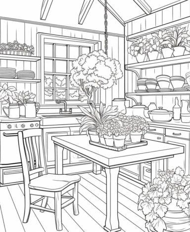 Design a coloring page with a cozy farmhouse kitchen scene. Include a rustic table, chairs, a stove, and kitchen utensils. Add baskets of fresh produce for added detail coloring page with Farming background design as an outline art drawing with thick bold clear lines that are neatly joined up together, outline, clipart, no colors, no shadows, no details, HD