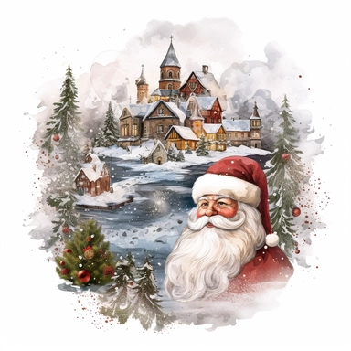 vintage design, christmas theme Watercolor Cute santa claus wearing Clipart Collection in beautiful winter landscape with a lot of snow and a small lake and small town with church, advent wreath all around, christmas theme, detailed, isolated, white backg